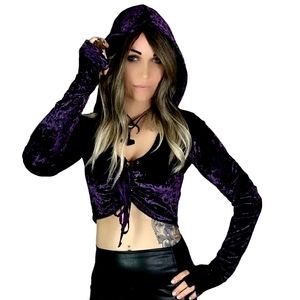24HRS BLACK Velvet Crush Lace Up Hoodie Crop Top